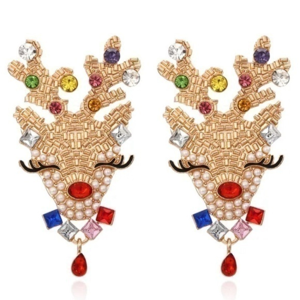 NEW REINDEER RHINESTONE MERRY SANTA REINDEER DEER CHRISTMAS EARRINGS